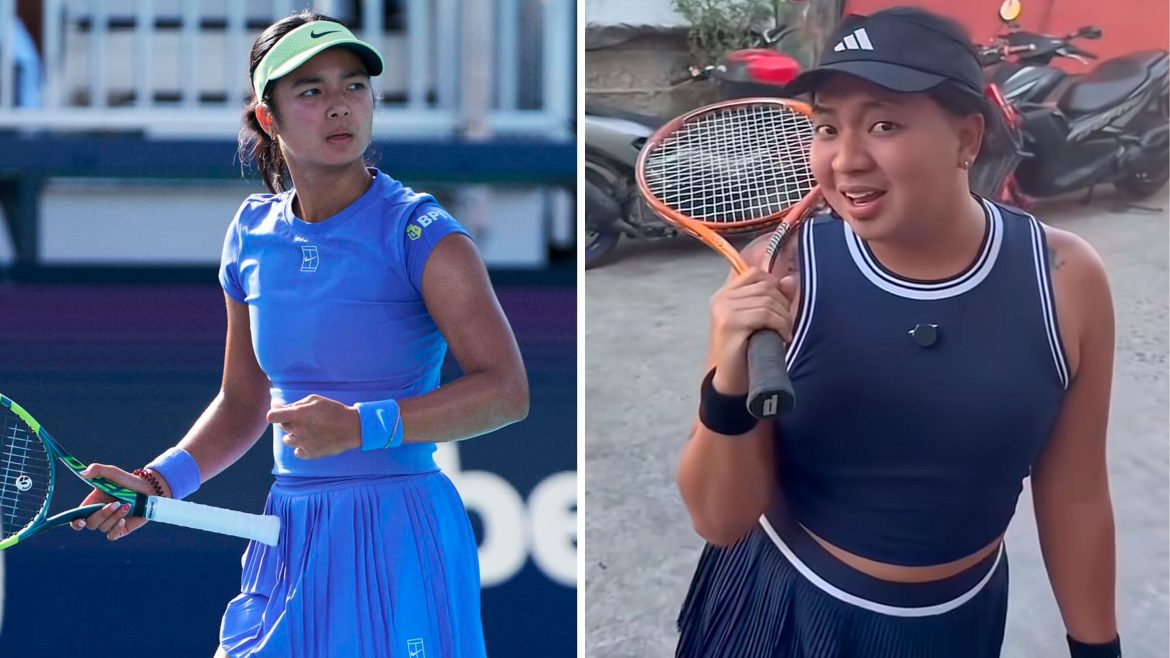 Side-by-side image of Alex Eala and a Malupiton content creator in a viral Alex Eala impersonation tennis skit