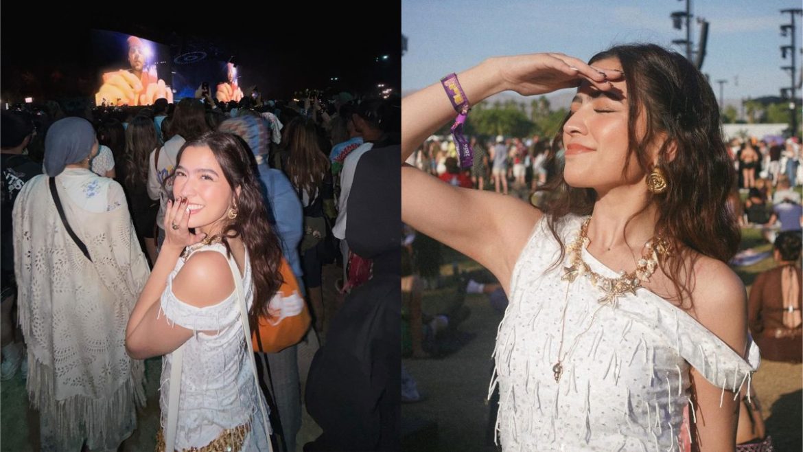 Alexa Ilacad posing at Coachella 2026 with Ferris wheel in the background during music festival appearance