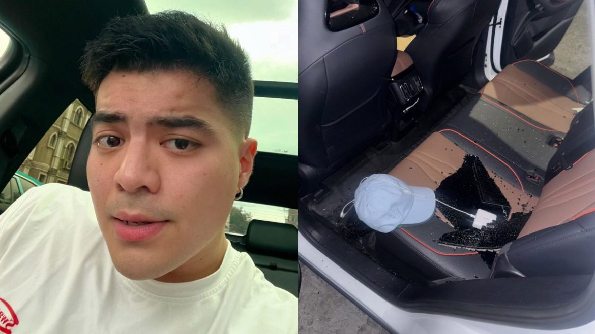 Andrew Muhlach car break-in incident showing actor and damaged vehicle interior after theft