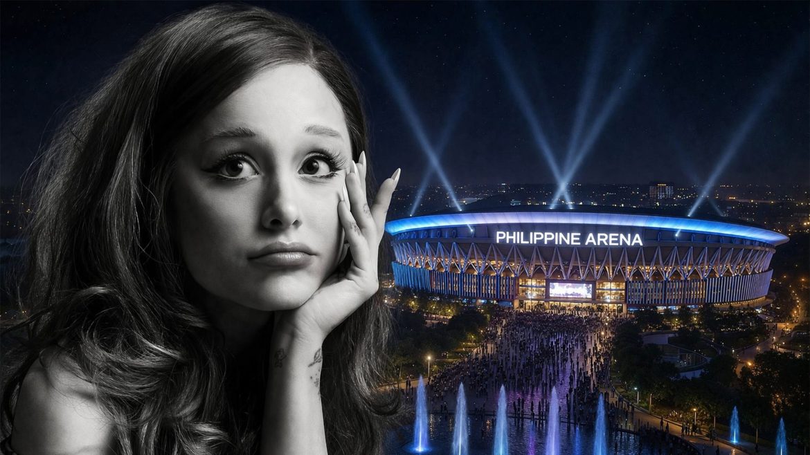 Ariana Grande PH concert rumors visualized with singer portrait and Philippine Arena at night