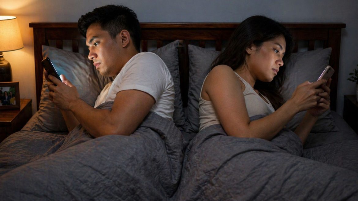 Filipino couple lying in bed using smartphones showing emotional distance in digital age relationships Philippines
