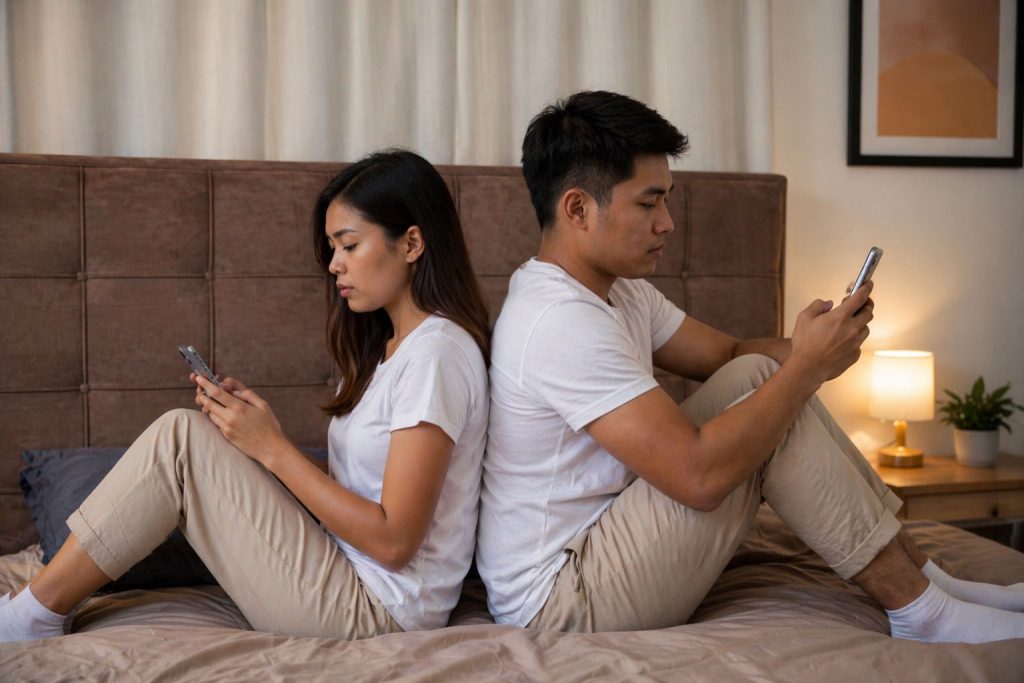Filipino couple sitting back to back using phones highlighting digital age relationships Philippines disconnection