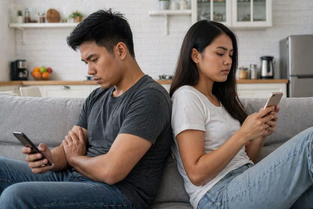 Filipino couple sitting on sofa both using smartphones showing impact of digital age relationships Philippines