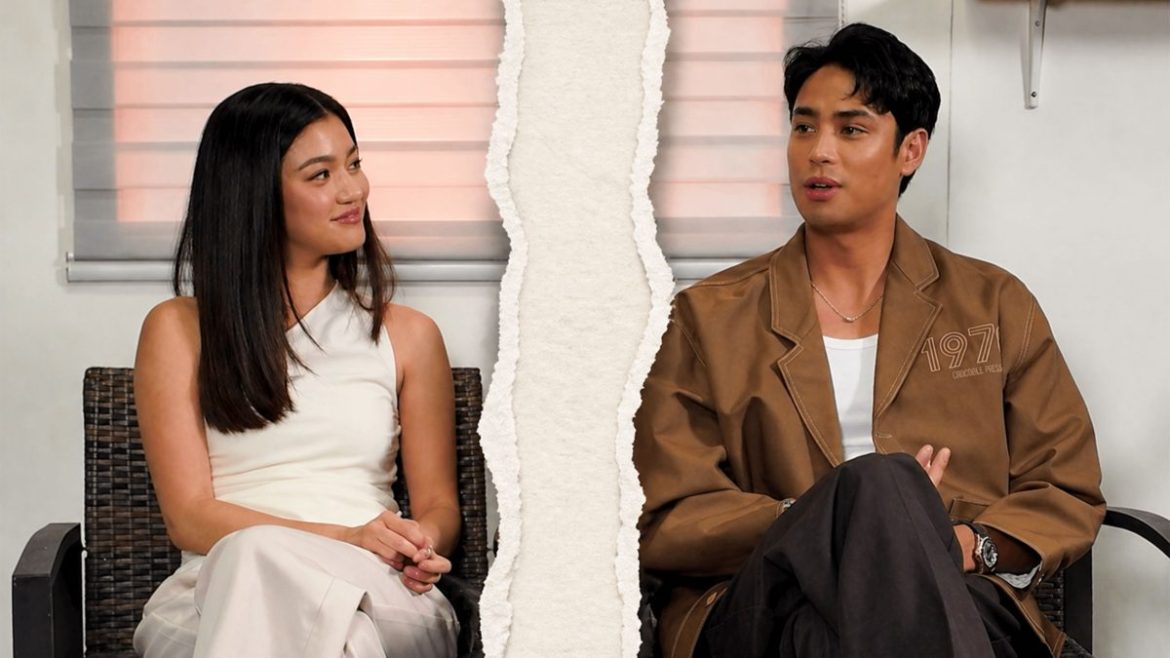 Donny Pangilinan and Belle Mariano sit apart with torn paper effect symbolizing DonBelle final project speculation