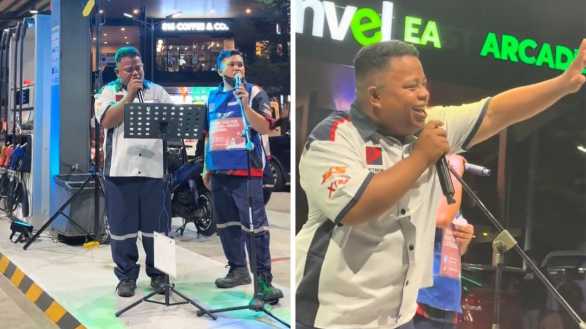 Gas station open mic viral performance as staff sing beside fuel pumps while customers wait in line