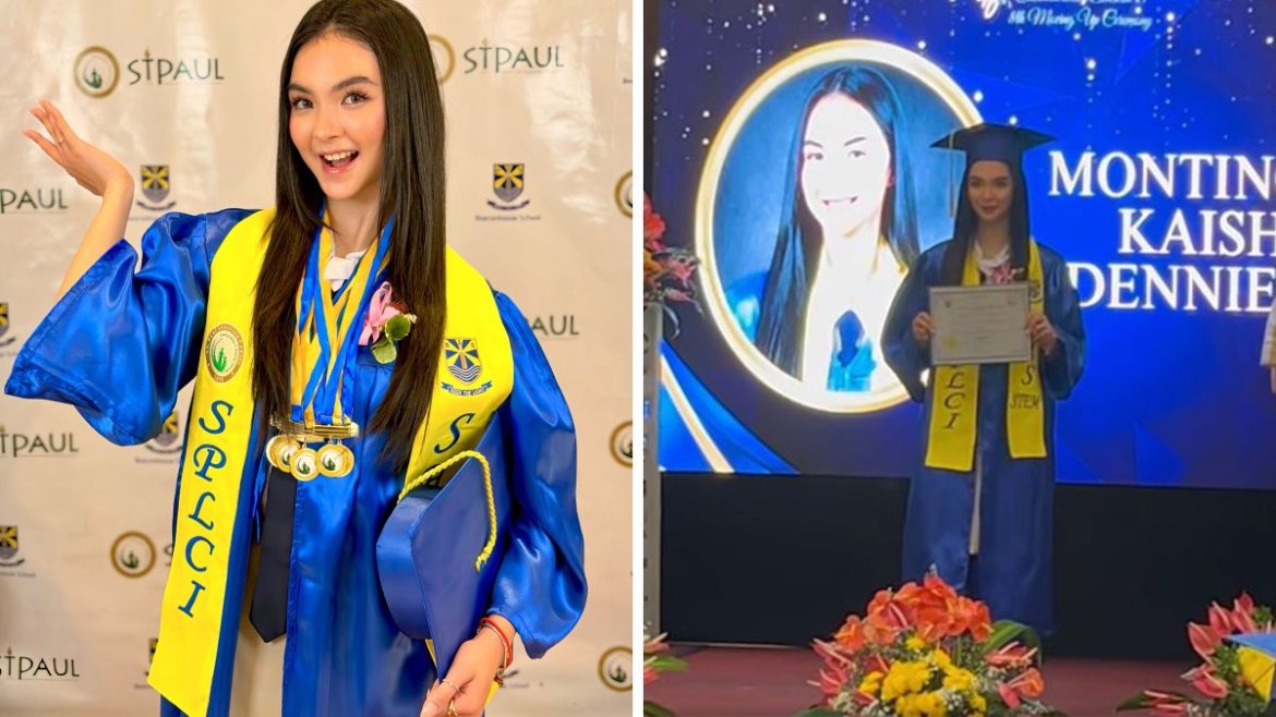 Kai Montinola wearing graduation gown with multiple medals during senior high graduation