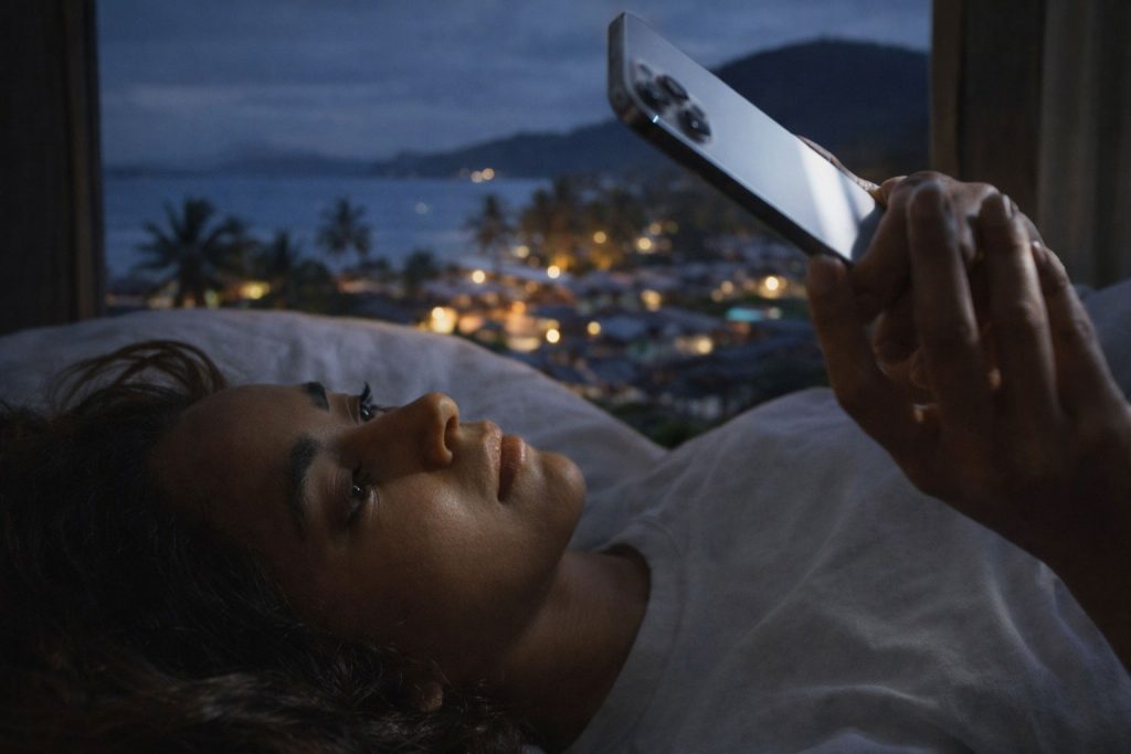 A Filipino woman lying on bed using her phone at night, reflecting signs you haven’t moved on from your first love.