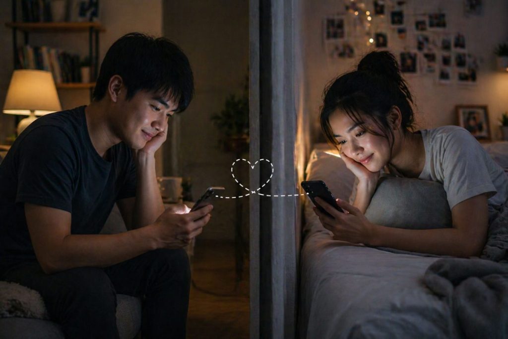 A couple in a long-distance relationship smiling while using their phones, showing emotional connection despite being apart