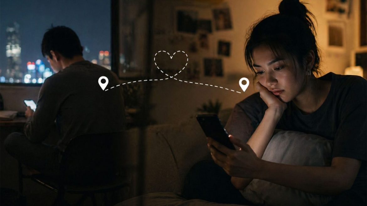 A couple in a long-distance relationship looking at their phones while separated, symbolizing emotional distance despite staying connected