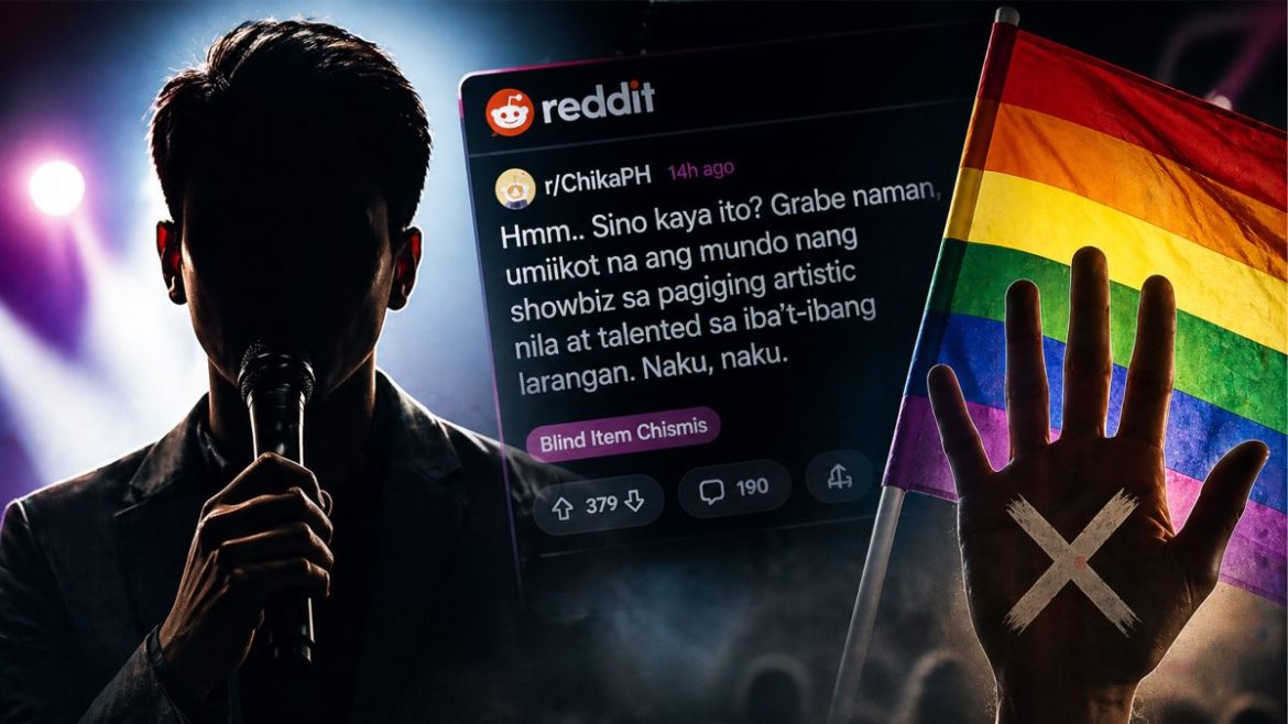 Illustration of a male singer-host silhouette with microphone alongside a Reddit blind item post and LGBT flag symbolizing controversy