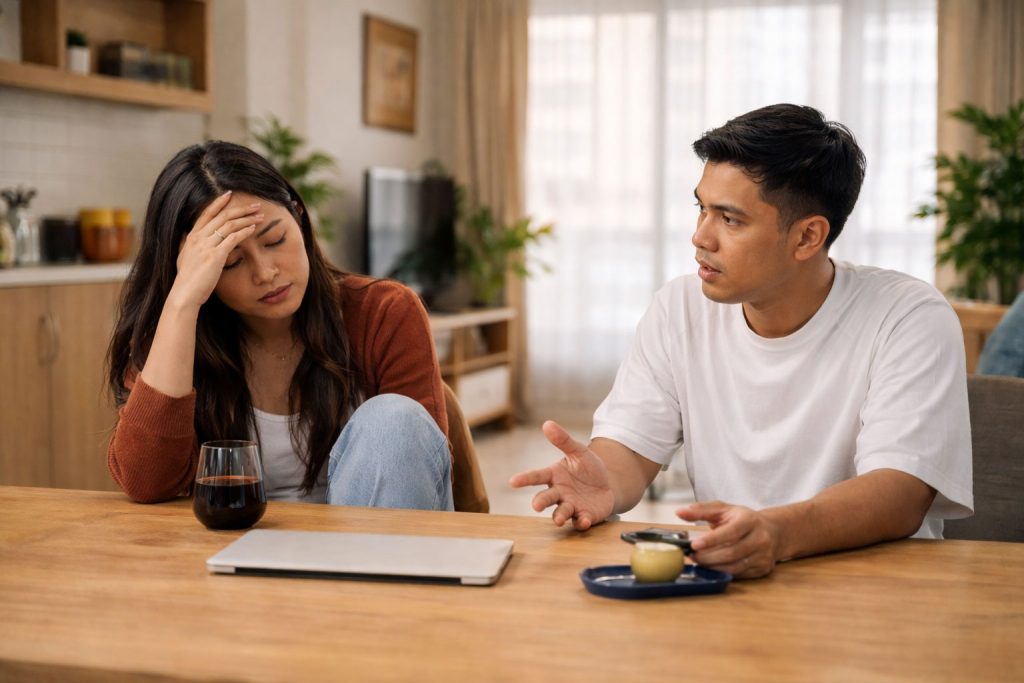 A couple having a serious conversation at a table, reflecting communication issues in modern relationships.