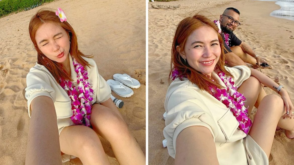 Yeng Constantino Maui Hawaii beach selfie showing the singer relaxing on the sand with ocean view