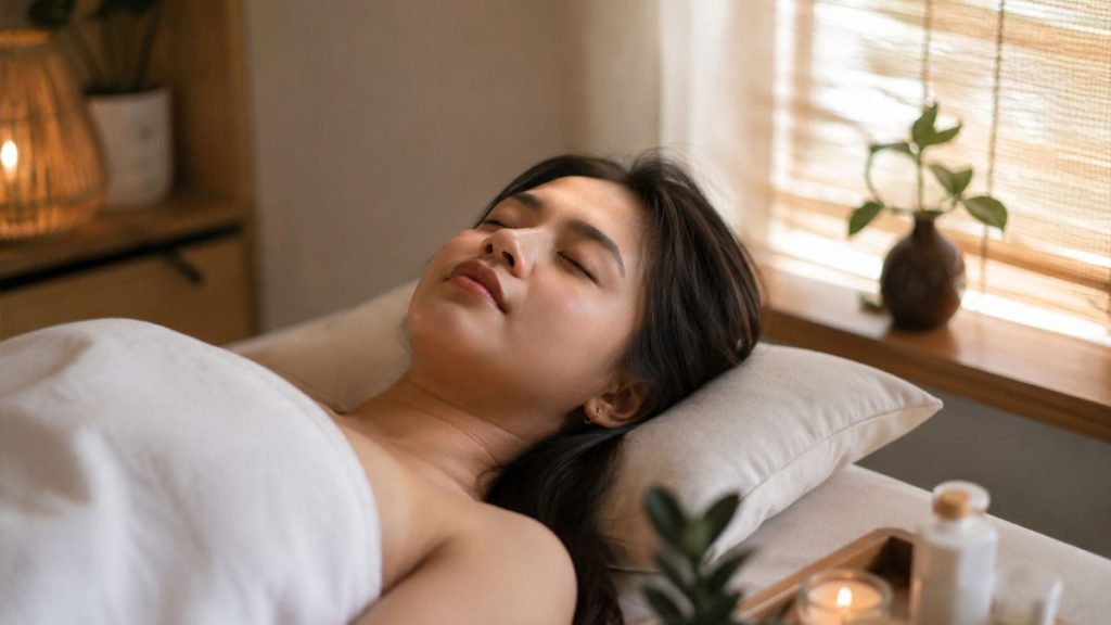 Young woman relaxing peacefully in a calm spa-inspired room with warm natural lighting