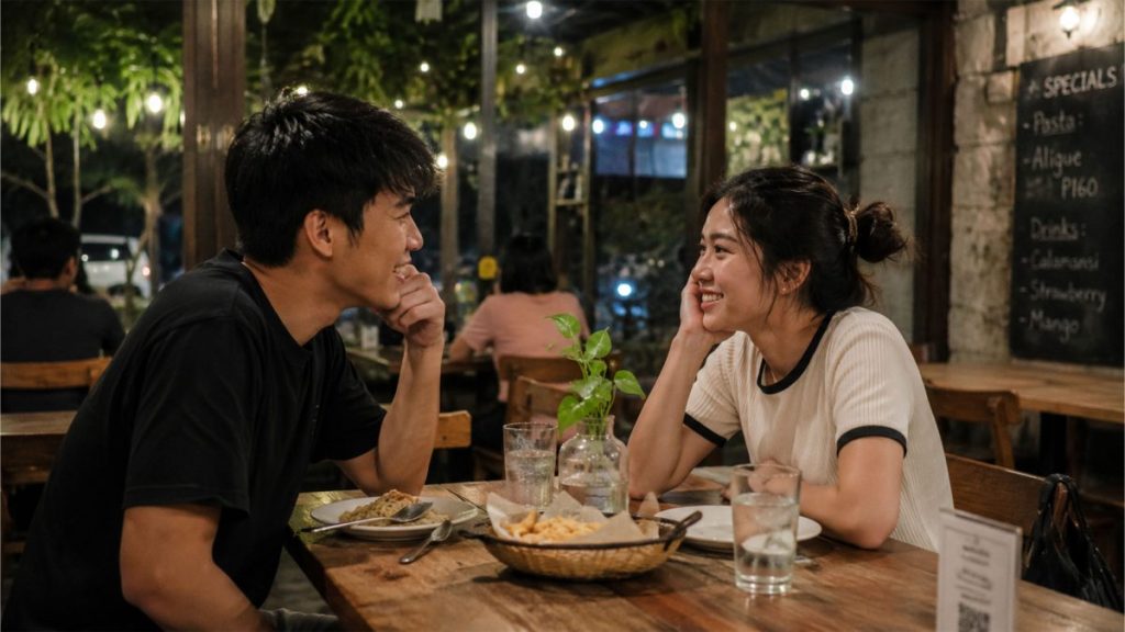 Filipino couple enjoying a casual dinner date inside a cozy café