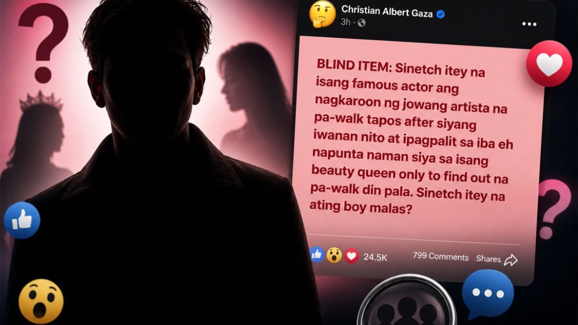 Illustration of a viral blind item post linked to Christian Gaza with social media reaction icons and mystery-themed visuals.