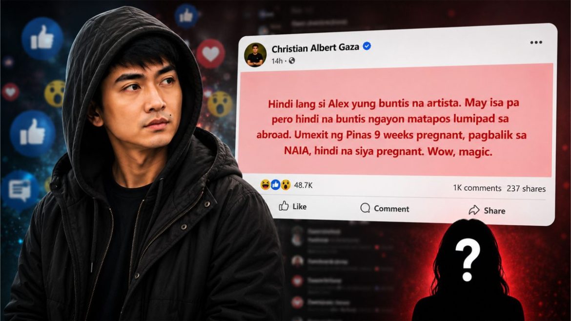 Young man in black hoodie beside a viral Facebook-style post graphic linked to Christian Gaza online speculation controversy.