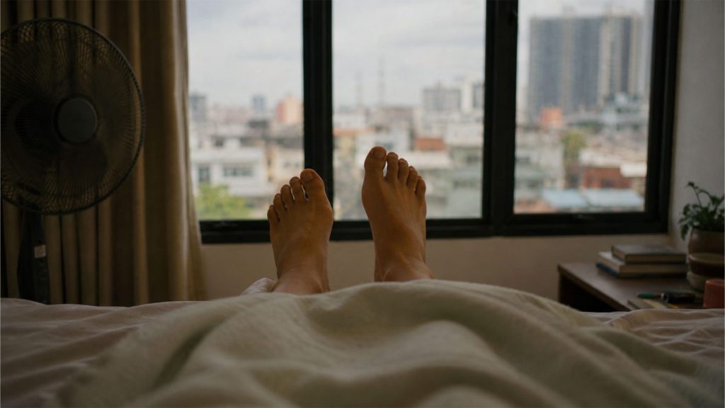 Person lying in bed with feet exposed near a bedroom window during nighttime