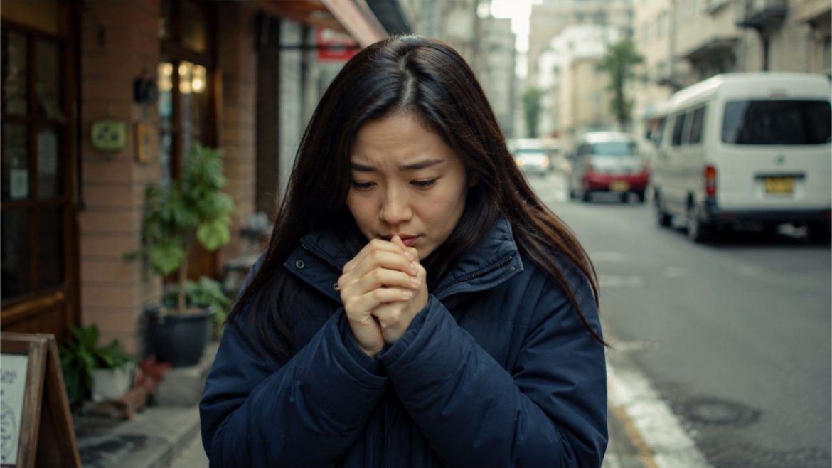Filipina woman warming her cold hands while standing outdoors in an urban street