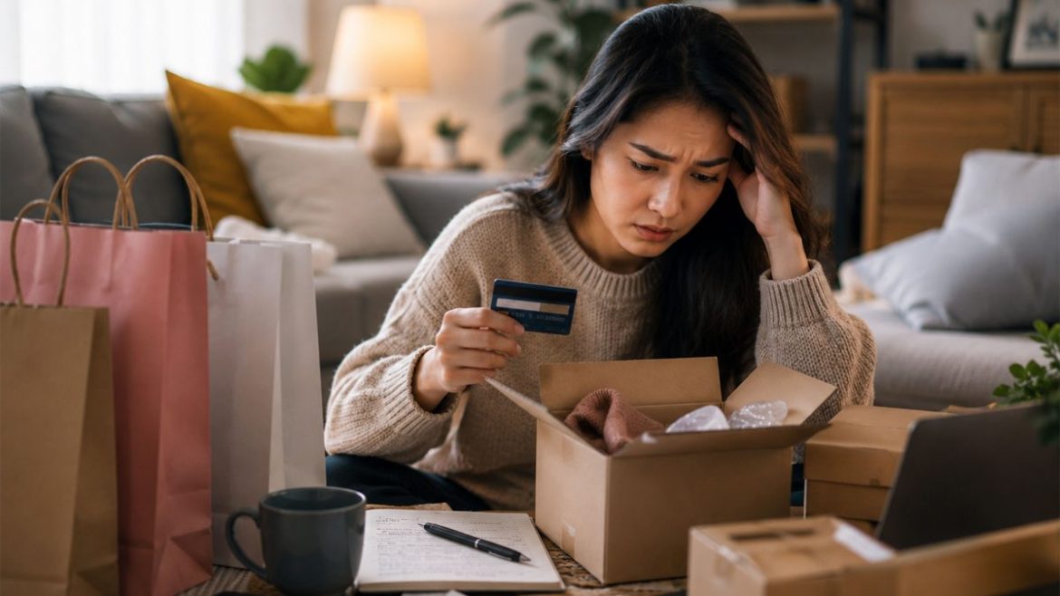 Woman looking stressed while surrounded by online shopping packages and purchases at home