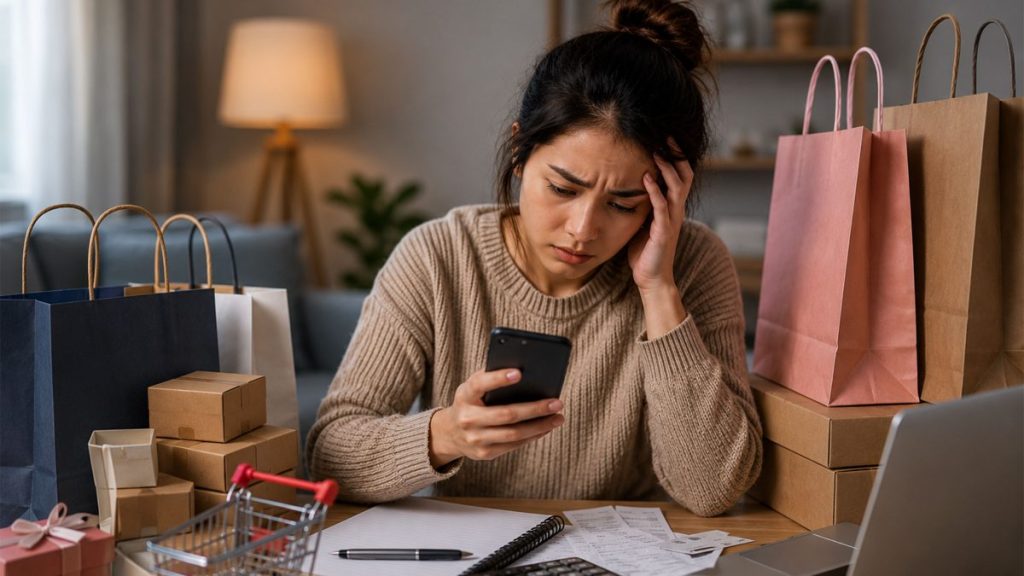 Woman opening online shopping packages while looking worried about spending habits