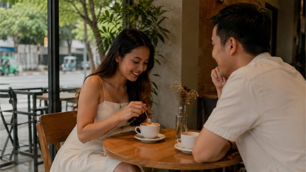 Young Filipino couple sharing coffee and smiling inside a cozy café