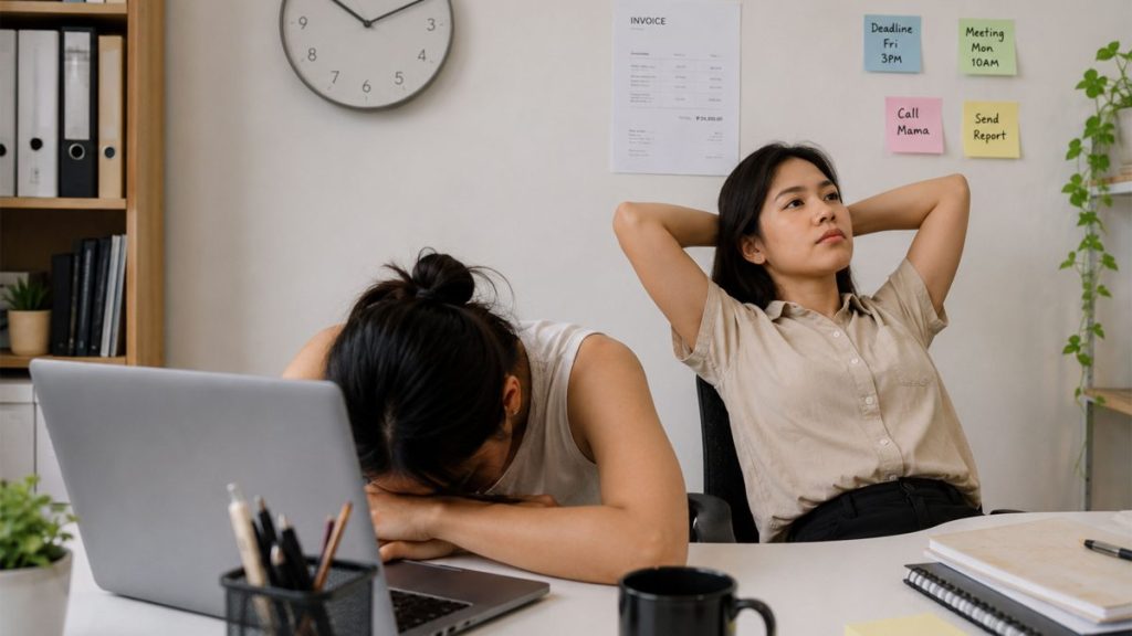Two Filipina office workers showing signs of stress and exhaustion inside a modern workspace.