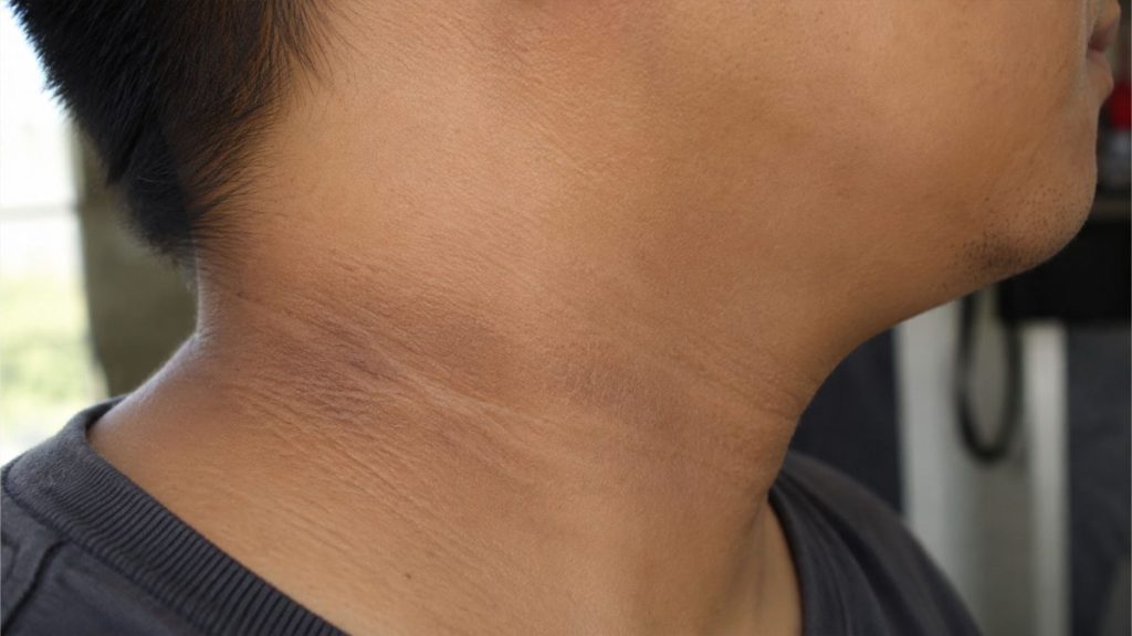 Close-up side profile of Filipino man with dark neck skin texture