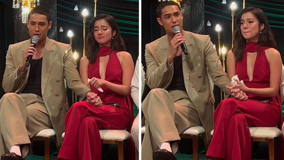 Donny Pangilinan holding Belle Mariano’s hand during an emotional moment at a media event