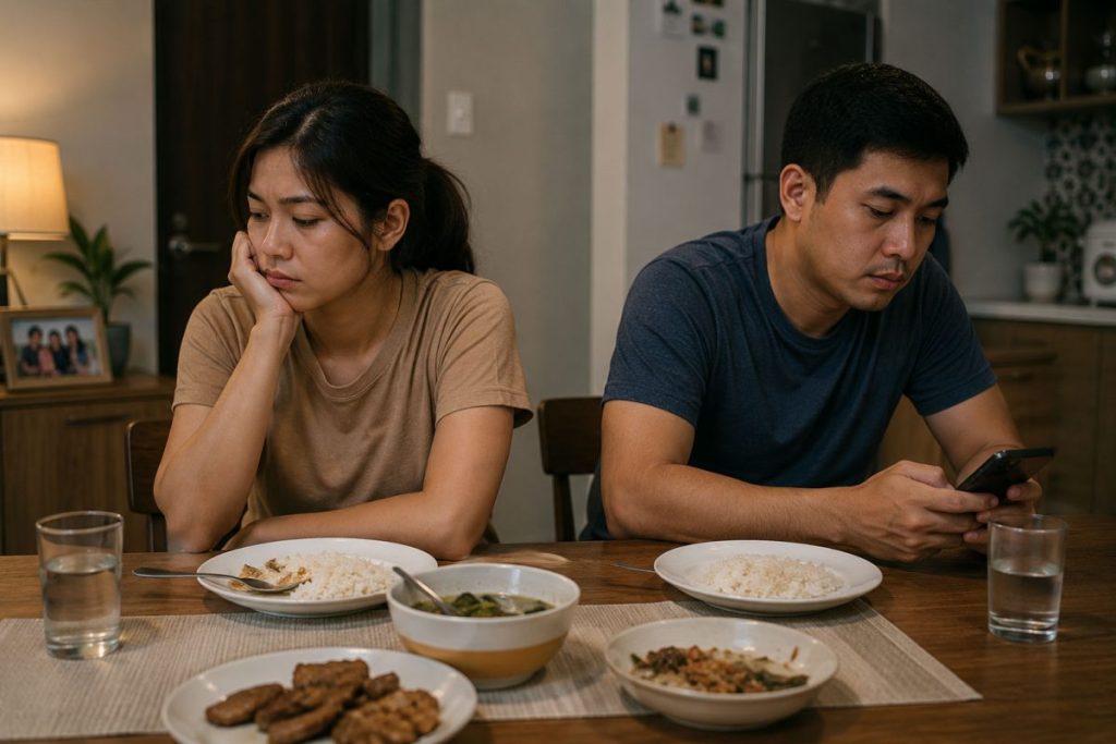 Couple avoiding communication while eating dinner together after conflict