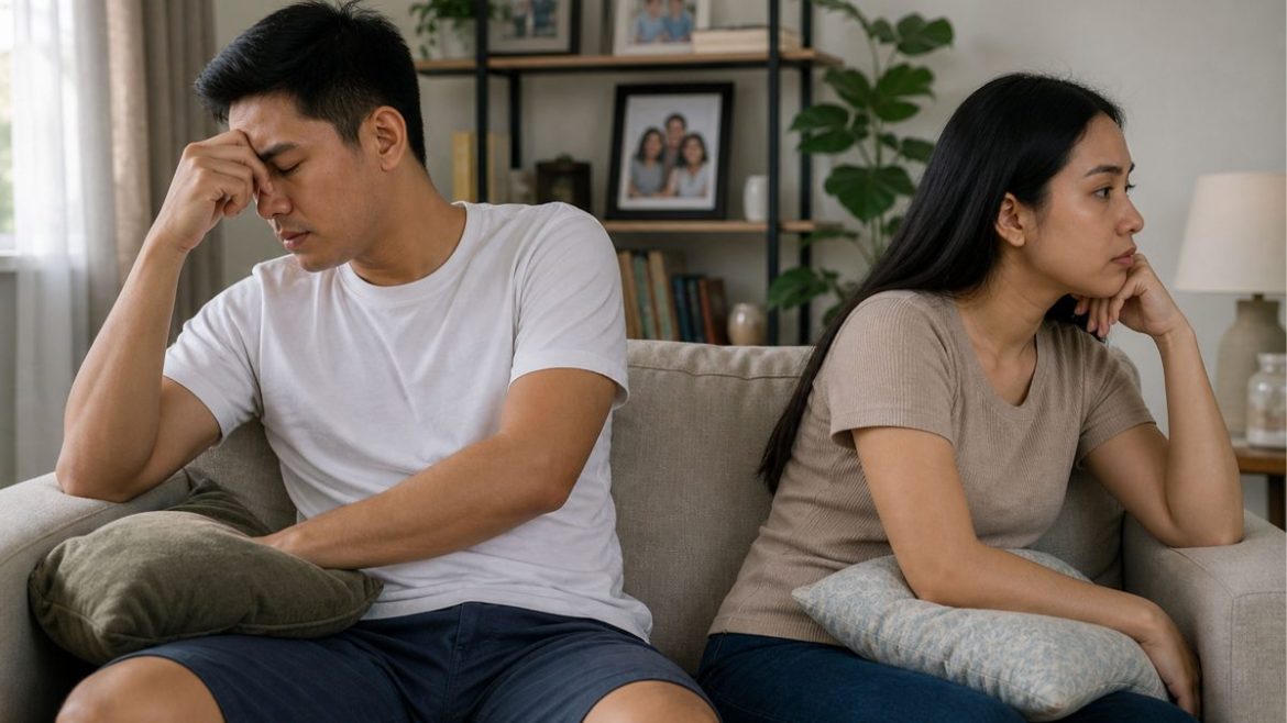 Filipino man and woman sitting apart on a couch showing emotional distance and lack of communication