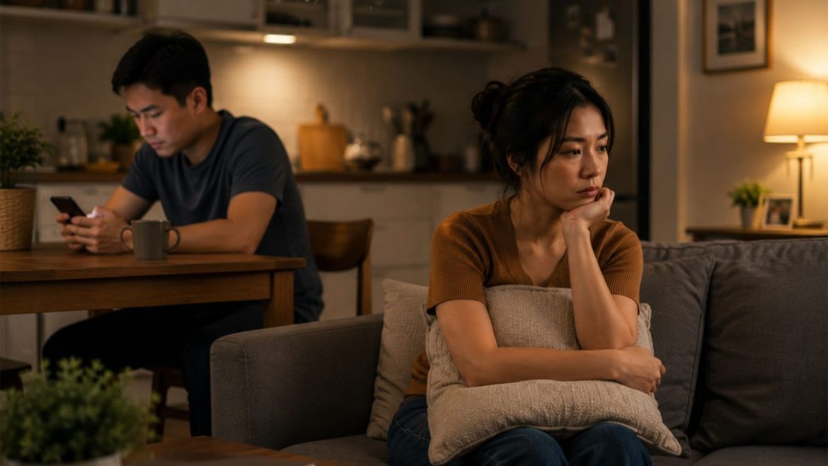A woman sitting alone while her partner focuses on his phone in the background at home