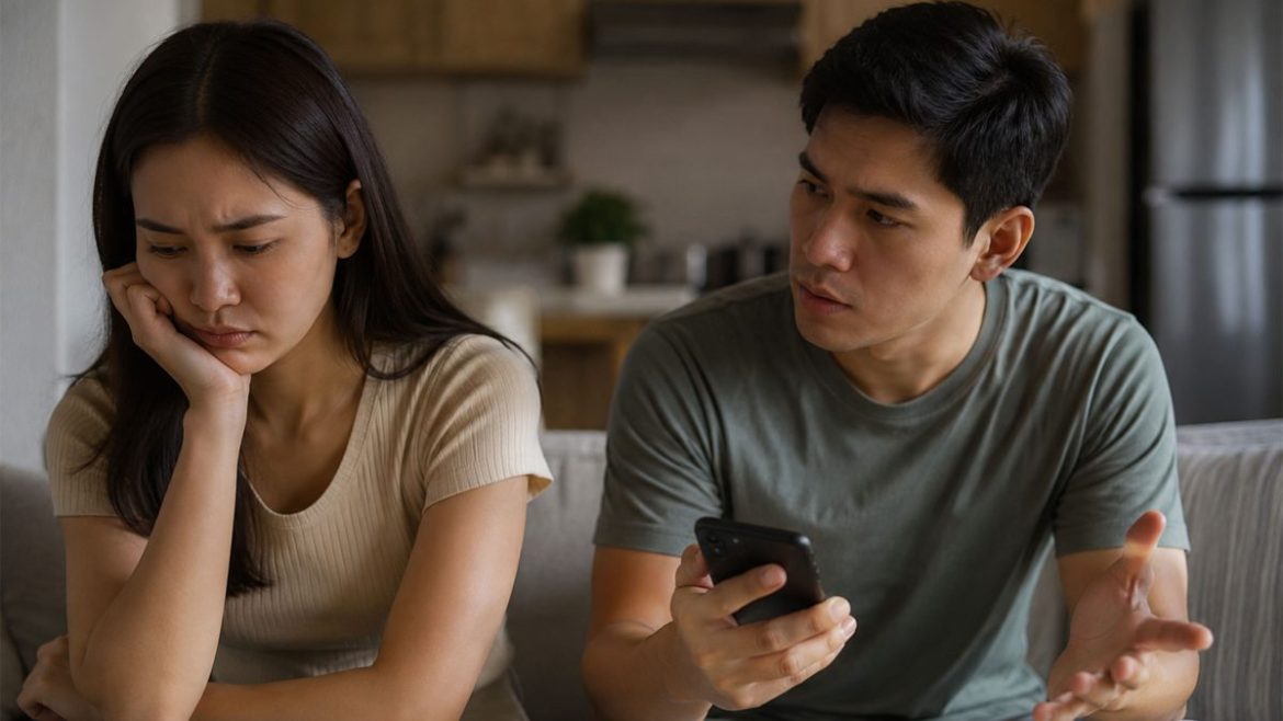 A stressed young couple discussing finances and emotional spending inside a modern condo unit