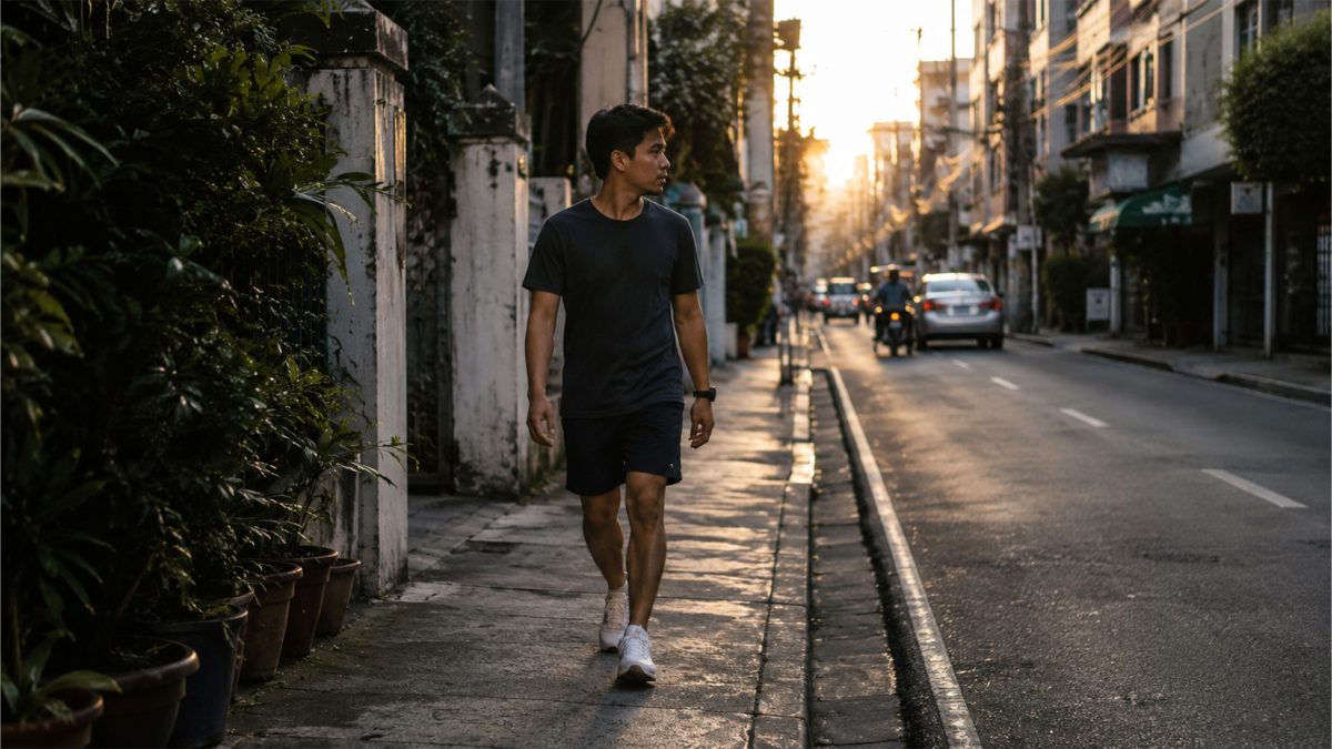 Young Filipino man walking along a quiet city street during sunset