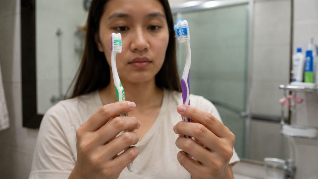 Filipino woman comparing two toothbrushes inside a bathroom