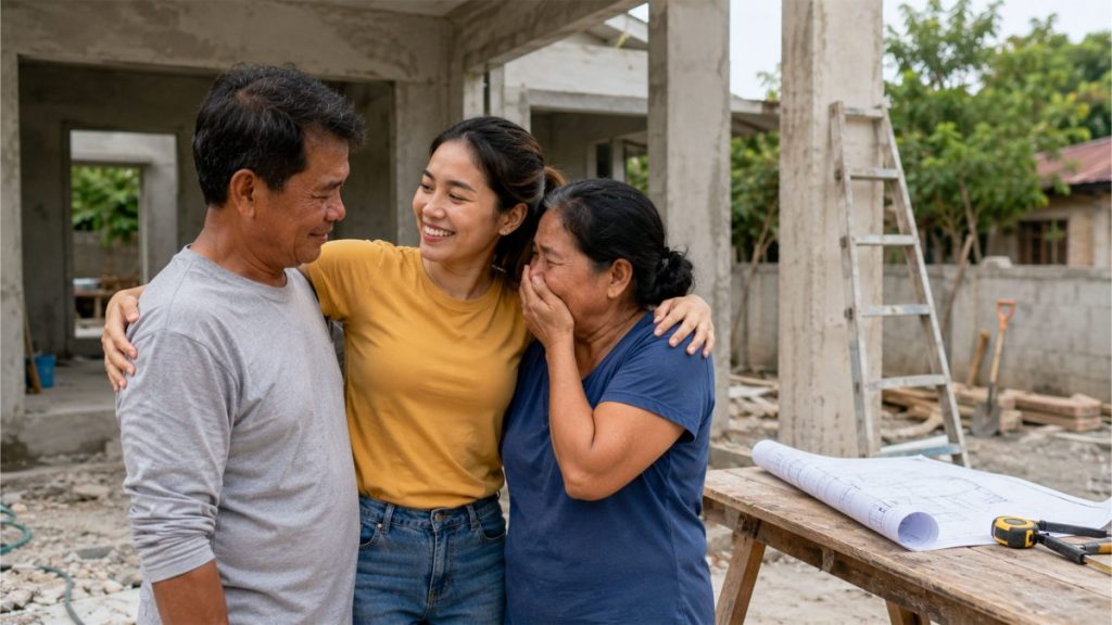 Filipina daughter embraces her parents at the construction site of their future family home.