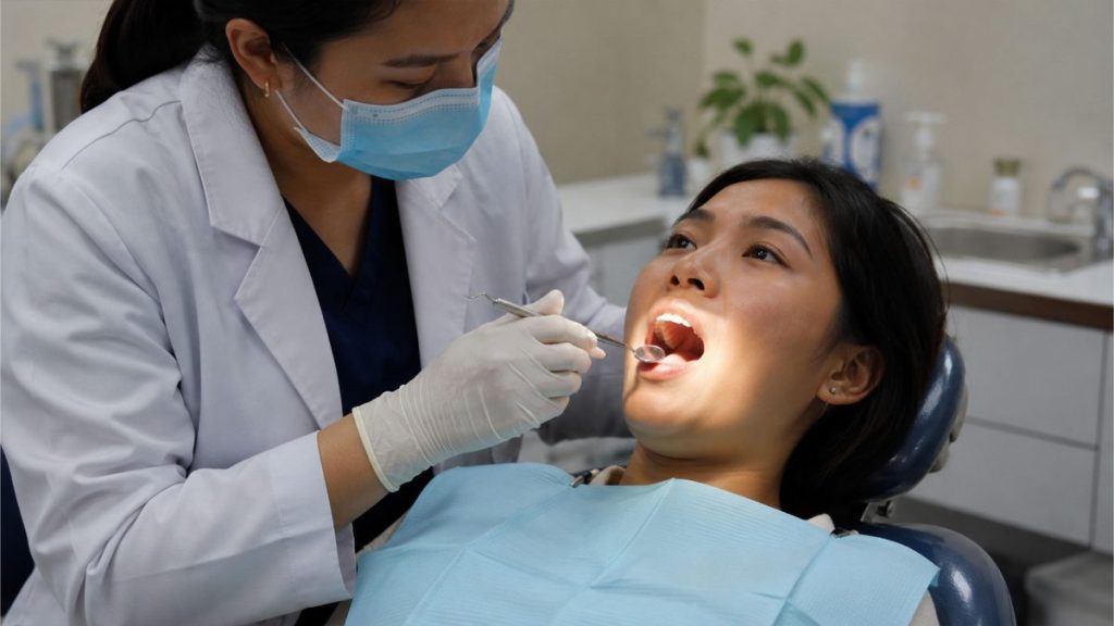 Filipina patient receiving an oral health and tongue examination from a dentist