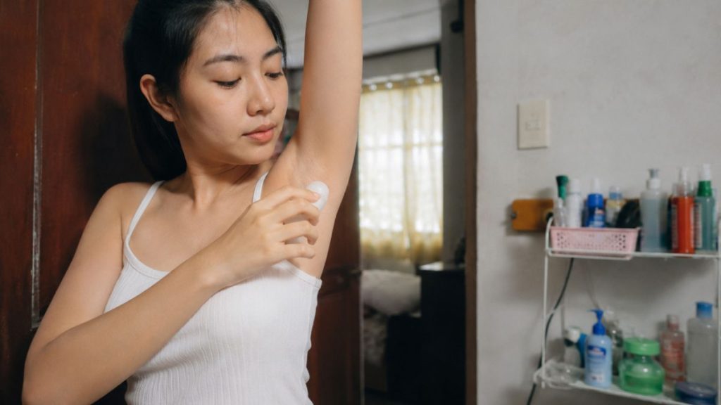 Filipina woman checking her underarm inside a bathroom during a personal care routine
