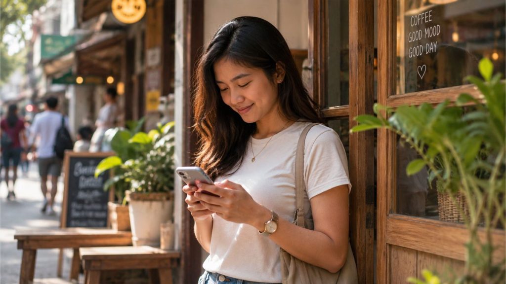 Filipina woman smiling while checking messages on her smartphone outside a café