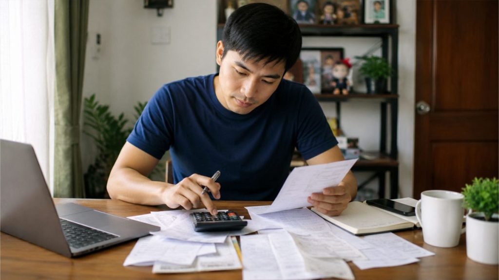 Filipino man reviewing expenses and calculating savings at home.