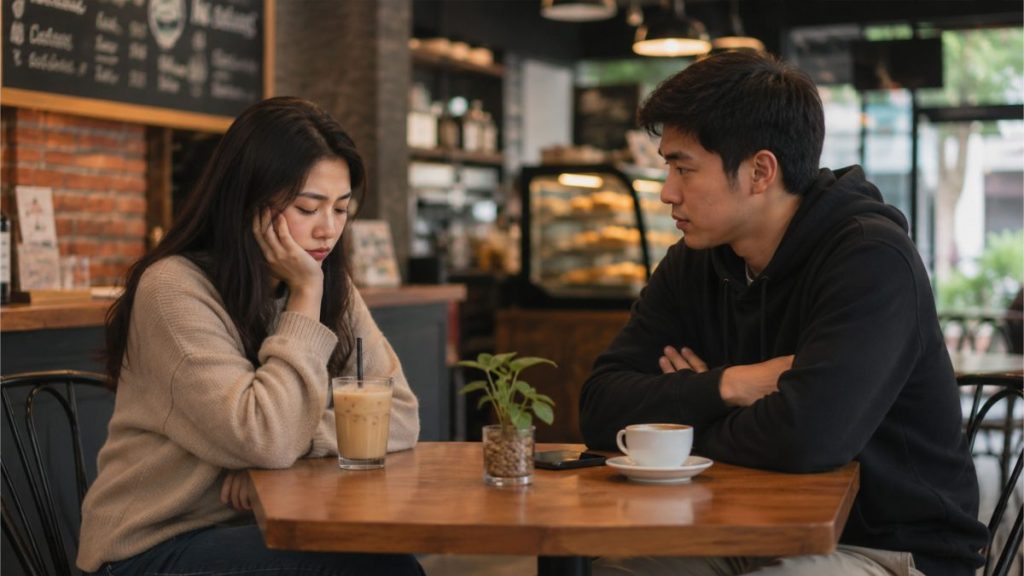 Filipino couple sitting quietly inside a café while avoiding eye contact