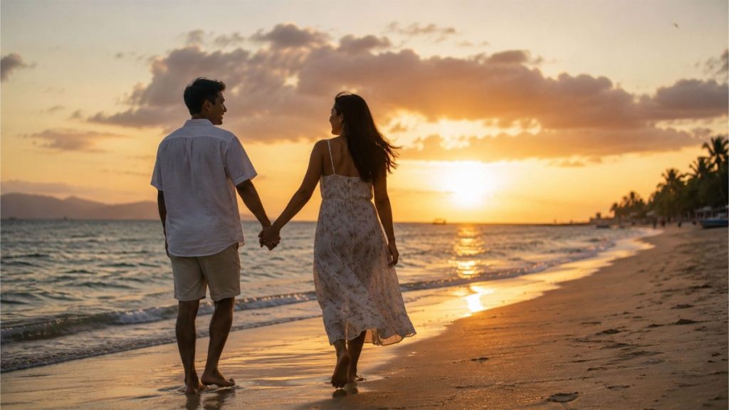 Filipino couple holding hands while walking on the beach during sunset