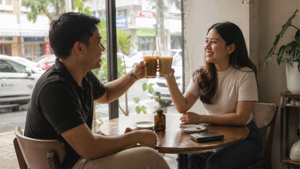 Filipino couple smiling and talking over drinks inside a café