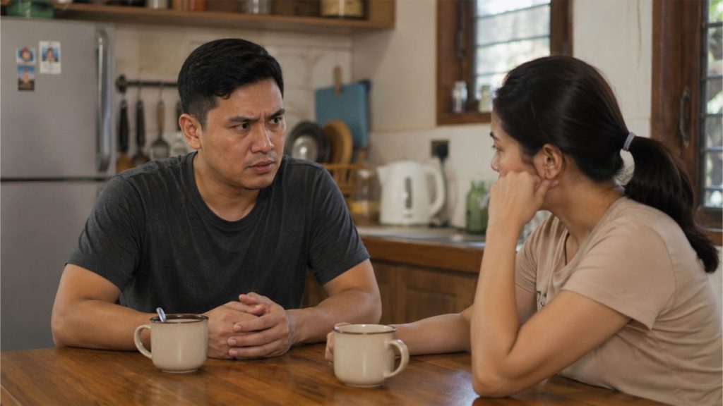 Filipino couple having a serious conversation over coffee inside their kitchen