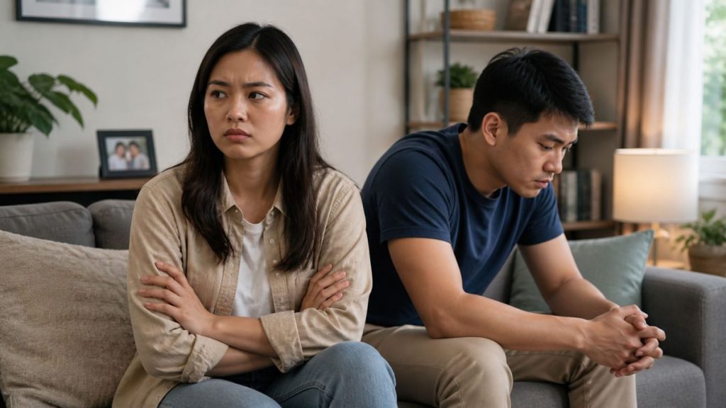 Filipino couple sitting apart on a couch showing emotional withdrawal and relationship tension