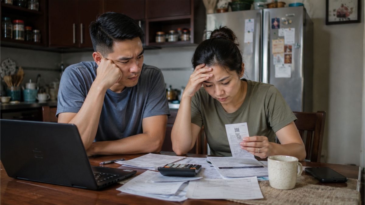 Filipino couple reviewing bills and discussing financial problems in their kitchen