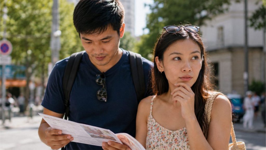 Filipino couple reviewing travel information and discussing future plans outdoors