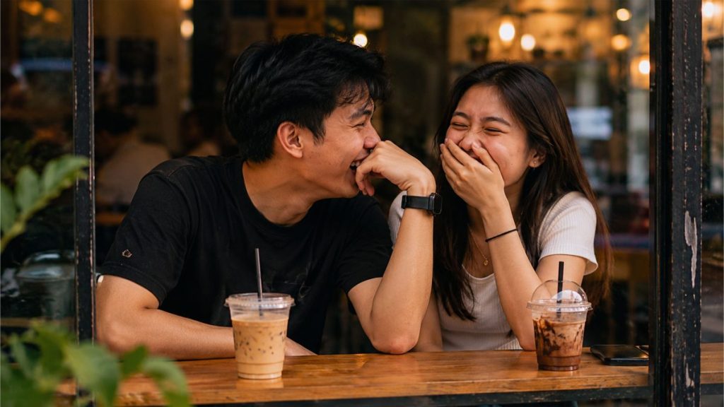 Young Filipino couple laughing together while drinking coffee at a café