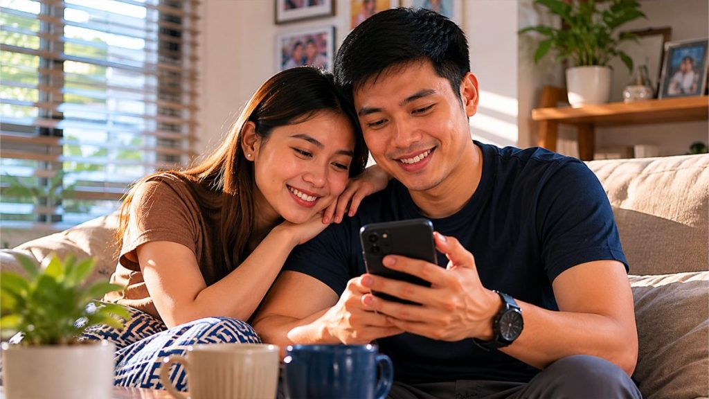 Filipino couple smiling while looking at a smartphone together at home