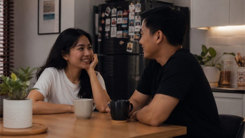 Young Filipino couple talking over coffee inside their home