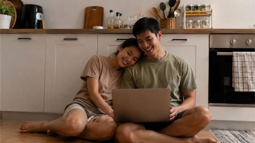 Filipino couple sitting on the kitchen floor while sharing time together at home